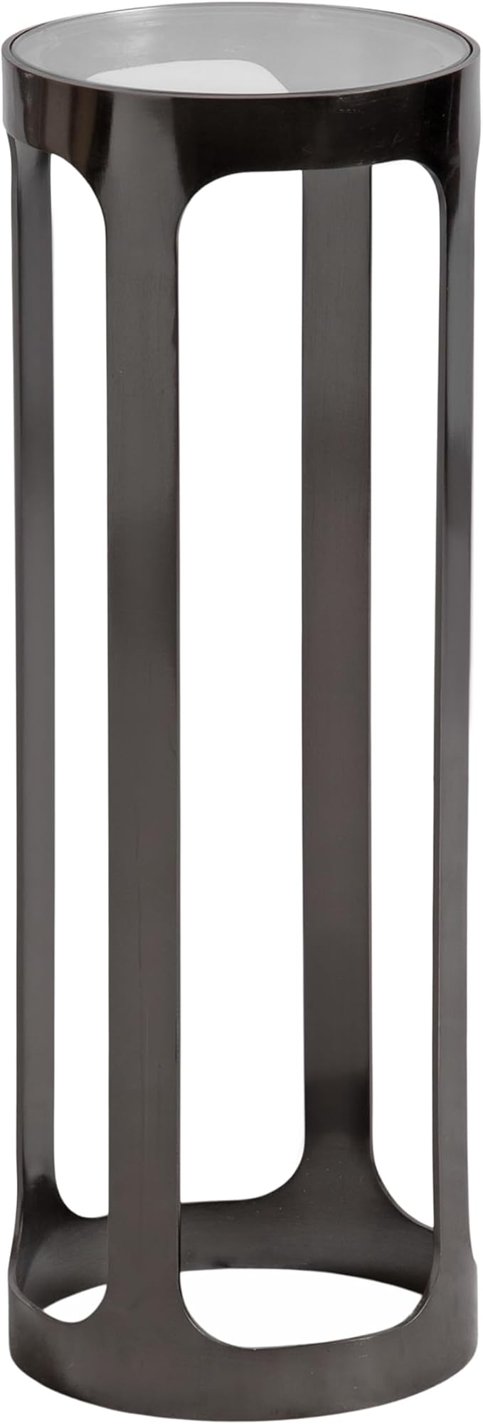 Kate and Laurel Dahl Modern Round Glass Top Outdoor Drink Table; 8 x 8 x 23; Clear Glass and Gray Gunmetal; Circle Pedestal Patio Mini Table for Living Room Plant Stand or Small Bedroom Nightstand