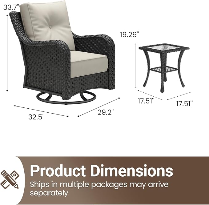 3 Pieces Outdoor Furniture Set with 6-inch Cushions, High Back Wicker Swivel Rocker Chairs with Coffee Table, Luxury Conversation Set for Deck Patio and Poolside
