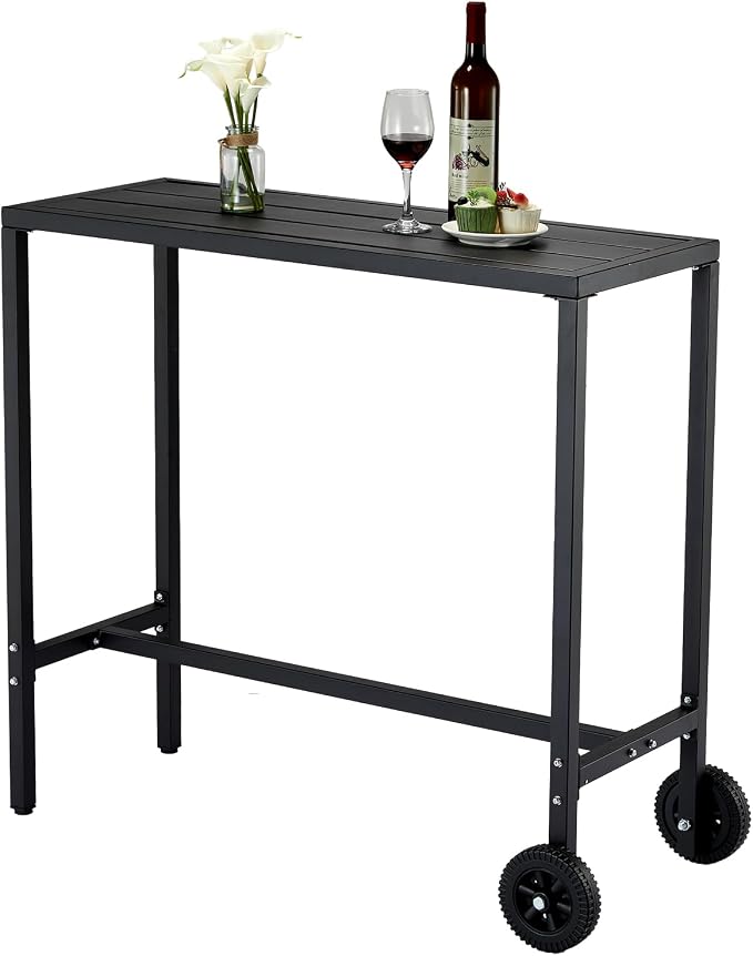 Takywep Weatherproof Steel Outdoor Bar Table, 39 Inch Counter Height Patio Dining Table with Wheels and Adjustable Leveling Feet, Portable Rolling Pub Table for Kitchen Island, Home Bar, Balcony