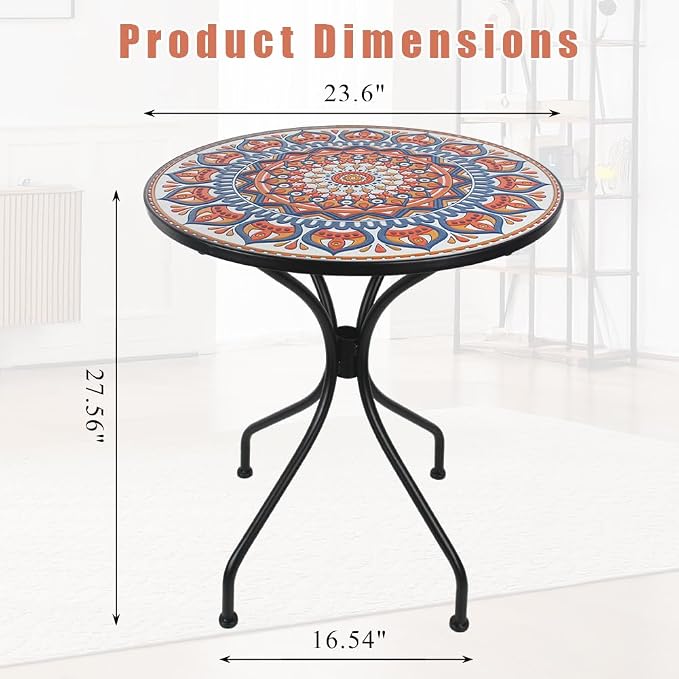 23.6" Outdoor Patio Mosaic Round Table Garden Bistro Accent Table | Ceramic Tile Waterptoof Side End Table Metal Frame Dining Table Furniture for Balcony Backyard Porch Poolside Terrace
