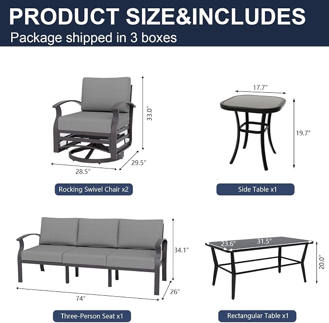 Kurapika Aluminum Patio Furniture Set 5-Seat Modern Outdoor Conversation Sets w/Swivel Rocking Chairs with Rectangular Coffee Table, Grey