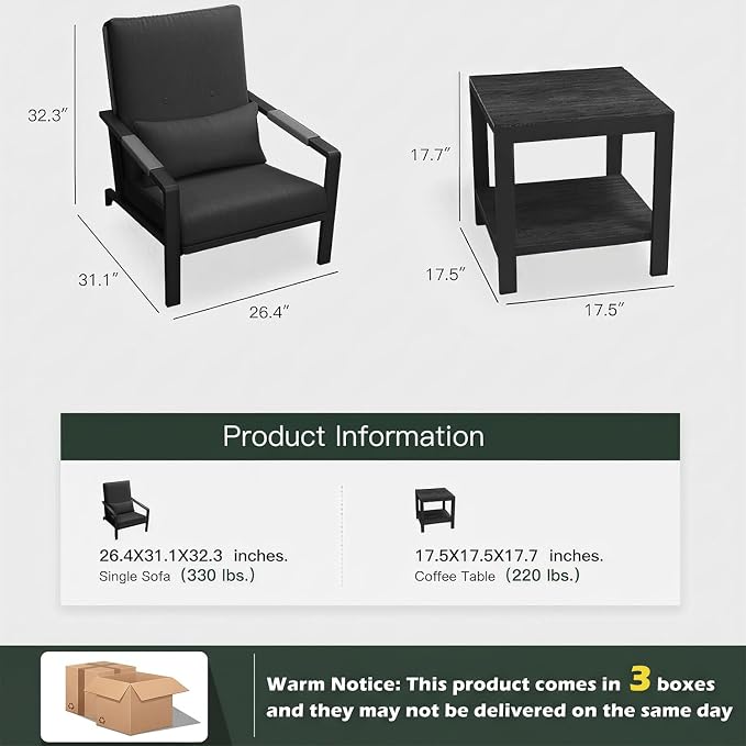 3-Piece Small Patio Set, Gray Aluminum Outdoor Furniture Set with Loveseat, 2 Chairs & Coffee Table, Metal Patio Conversation Set with Thick Cushions, Weather-Resistant