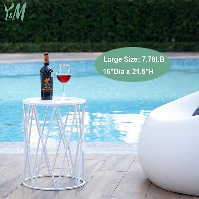 Y&M Outdoor Side Tables Set of 3, Nesting Patio Side End Tables for Outside, Round Heavy Duty Metal Stacking Accent Tables for Patio Balcony Garden Indoor, White