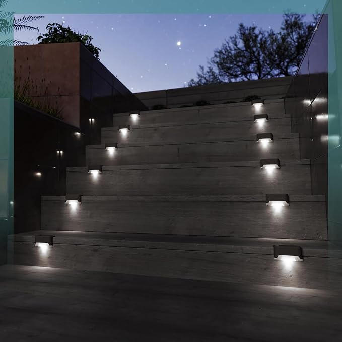 GIGALUMI Solar Deck Lights Outdoor, 16 Pack Waterproof LED Solar Lights for Stairs, Step, Fence, Railing, Yard and Patio (Cool White) | Solar LED Lights for Outdoor Stairs, Step, Fence, Railing, Yard and Patio