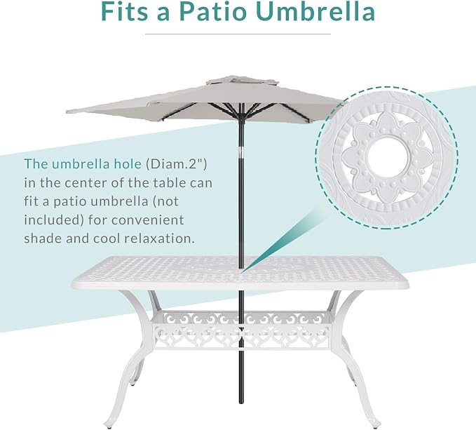 MEETWARM 60"x36" Cast Aluminum Patio Dining Table, Weather-Resistant Large Outdoor Dining Table for 6-8 Person, Patio Furniture Rectangular Table with Umbrella Hole and Adjustable Foot Pads, White
