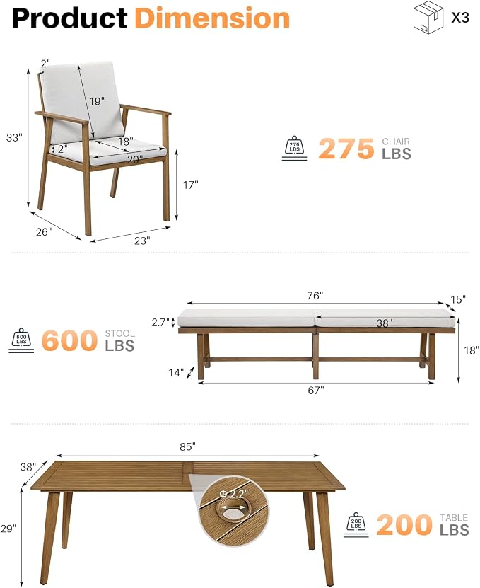 6 Pieces Never-Rust Outdoor Dining Set, Aluminum 8-Person Dining Table with 4 Chairs and 3-Person Backless Bench, Outdoor Patio Dining Furniture Set with Cushion for Lawn, Deck, Garden, Teak