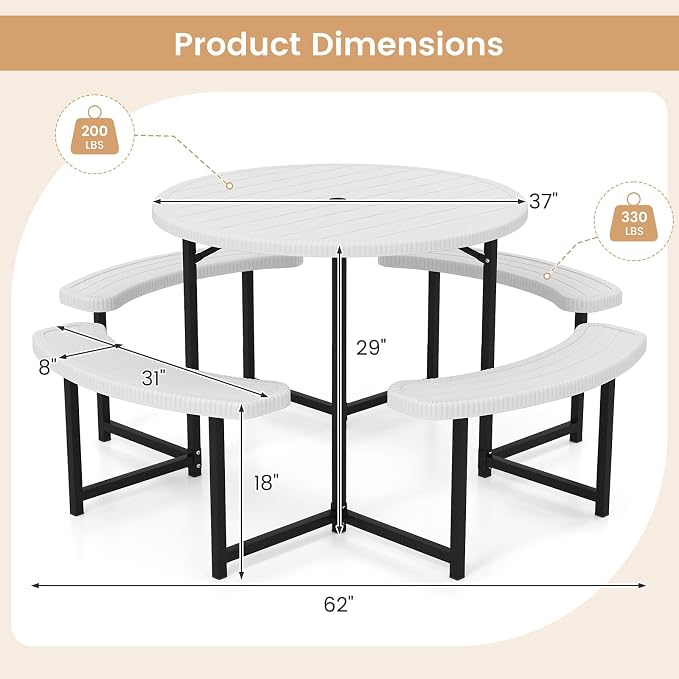 LDAILY Picnic Tables with Benches, Round Picnic Dining Table with 1520 lbs Capacity Metal Frame, HDPE Tabletop & Umbrella Hole, 8-Person Plastic Picnic Tables for Outdoors, Patio, Lawn, Yard (White)