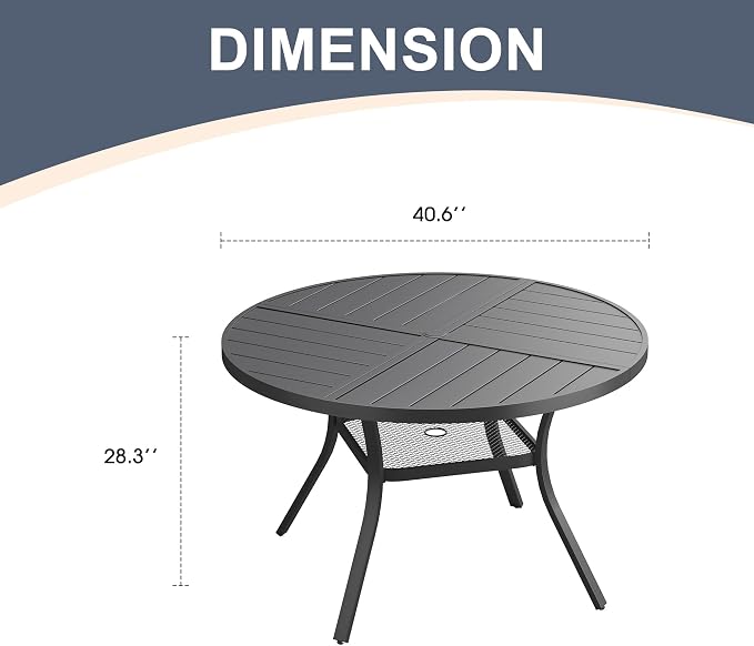 VICLLAX 40.6" Round Patio Dining Table for 4, All Weather Metal Outdoor Table with 1.57" Umbrella Hole and Storage Shelf for Garden Lawn Deck, Black