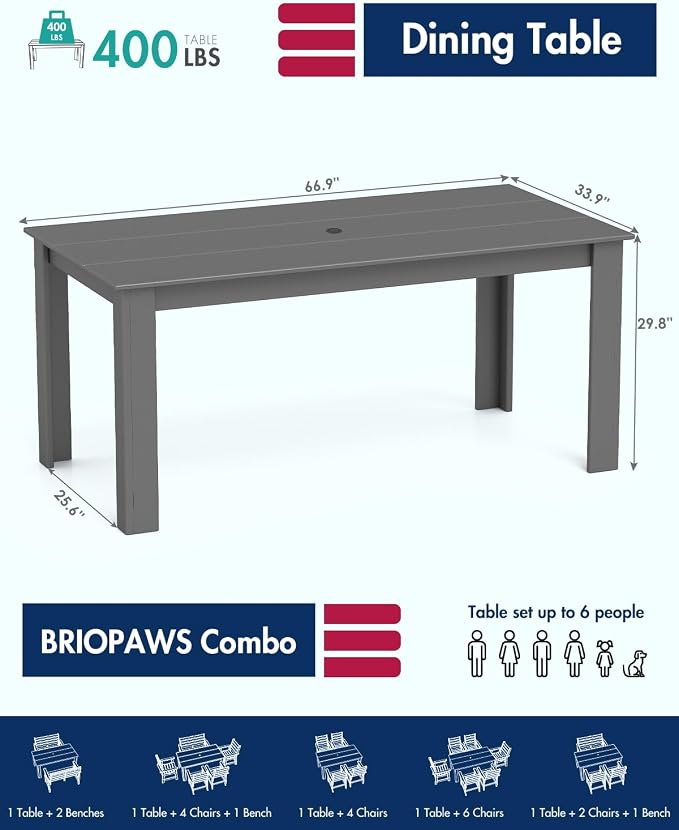 BRIOPAWS Outdoor Dining Table | HDPE | 67” Patio Rectangle Tables | All Weather | Umbrella Hole | Patio Furniture Set for 4-6 Person | Grey