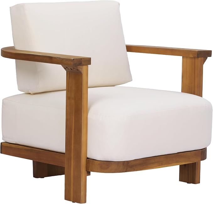 Christopher Knight Home Stella Acacia Wood 4 Piece Patio Furniture Set, Wooden Patio Conversation Set with Club Chair+Coffee Table, 4-Seater Outdoor Loveseat Sofa + Armchair and Table Set, Teak+Beige