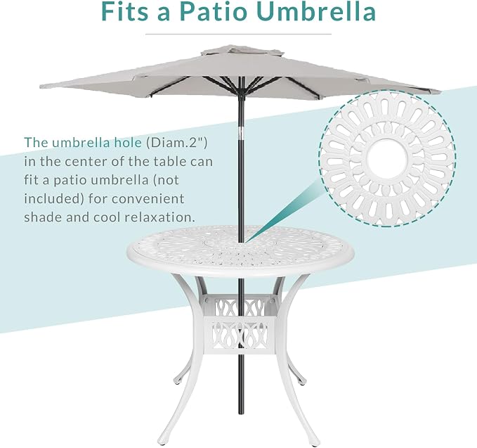 MEETWARM 5-Piece Outdoor Patio Dining Set, All-Weather Cast Aluminum Patio Conversation Set with 4 Cushions Swivel Rocker Chairs for Backyard Garden Deck and 35.4" Round Table, White