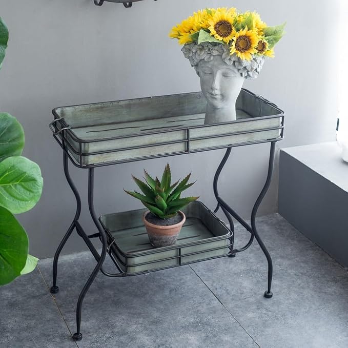 Galvanized Tray Table, Iron, 32x15x31 in, Antique Gray | Iron, galvanized two-tray table with handles, assembly required, outdoor patio use