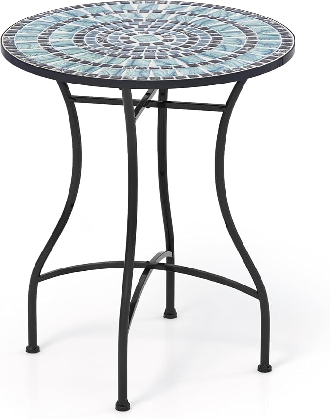 Giantex 24 Inch Patio Bistro Table, Mosaic Round Table w/Ceramic Tile Tabletop, Heavy-Duty Metal Structure, Outdoor Dining Table for Backyard, Garden, Porch (Blue & Black (Sun Pattern))