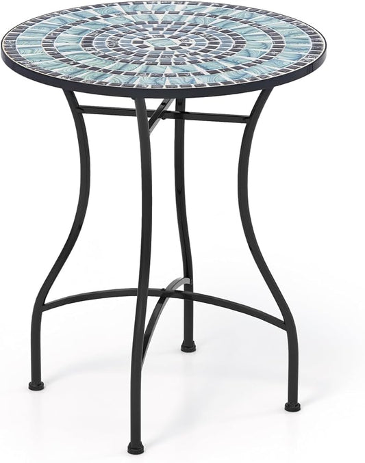 Giantex 24 Inch Patio Bistro Table, Mosaic Round Table w/Ceramic Tile Tabletop, Heavy-Duty Metal Structure, Outdoor Dining Table for Backyard, Garden, Porch (Blue & Black (Sun Pattern))