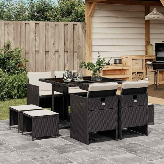 9 Piece Garden Dining Set with Cushions Black Poly Rattan Outdoor Patio Furniture Table and 4 Chairs with Stools Tempered Glass Top Folding Backrest Removable Washable Cover UV Resistant