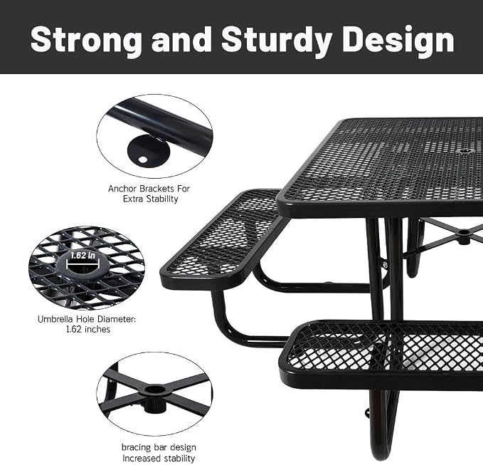 46" Thermoplastic Picnic Table with Umbrella Hole up to 1.5", Heavy Duty Commercial Picnic Table for Outdoor, Family & Party Ready for School Camping, Square, Black