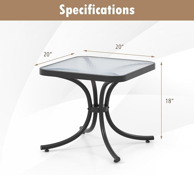 HAPPYGRILL Outdoor Side Table Square Patio End Table with Tempered Glass Top, 20" Bistro Table with Heavy-Duty Metal Frame, Indoor Small Compact Coffee Table for Garden Backyard Poolside