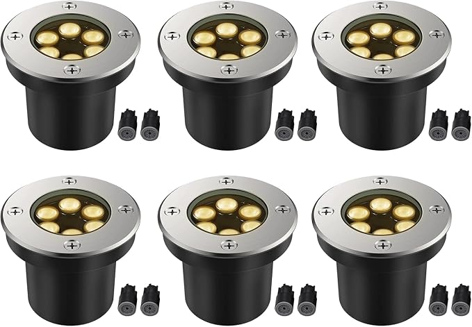 JESLED Outdoor Landscape Lights, Low Voltage In Ground Well Lights, 6 Pack | 3000K Warm White, 6W LED, 12V/24V, IP67 Waterproof, 5-Ton Pressure Resistant & 90° Beam for Driveway Decks Step Garden