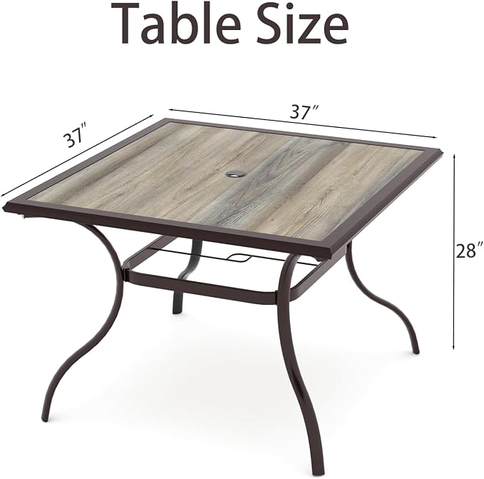 Anmutig Outdoor Dining Table with Square Wooden-Like PVC Table Top and Umbrella Hole for Bistro, Garden, Poolside, Backyard -Laminated Top Brown Metal Steel Frame