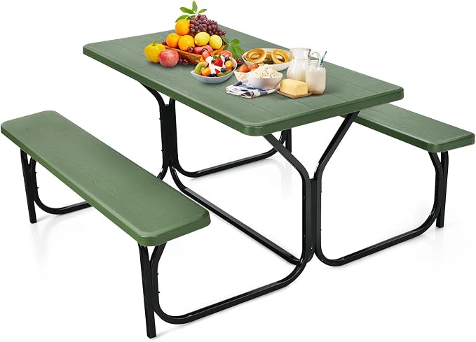 Picnic Table, Camping Portable Picnic Table Bench Set for 4 Persons, Heavy-Duty Steel Frame & Resin Tabletop, All Weather Outdoor Picnic Tables for Patio Travel BBQ Party Garden (Green)