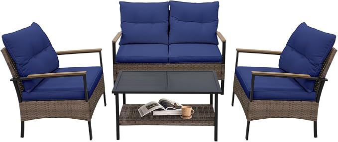 COOS BAY Sunset Haven Outdoor Patio Furniture Set, Outdoor Conversation Set, Rattan Wicker Sofa, Loveseat, 2 Patio Chairs and Coffee Table, Brown/Blue