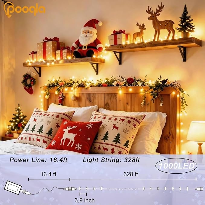 1000 LED Warm White Christmas Lights Outdoor String Lights, 328 ft | Green Wire Waterproof Twinkle Fairy Lights Plug in with Timer, 8 Modes String Lights Indoor Bedroom Xmas Tree Decorations