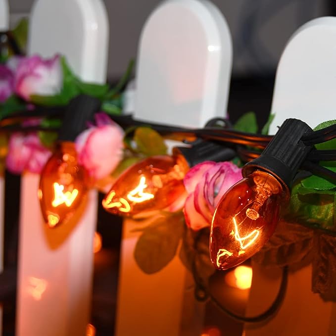GOOTHY Halloween Orange String Lights Outdoor, 25Ft C7 Halloween Decorations Lights with 27 Clear Orange Bulbs (2 Spare), Waterproof Vintage Christmas Lights for Patio Party Holiday Garden- Black