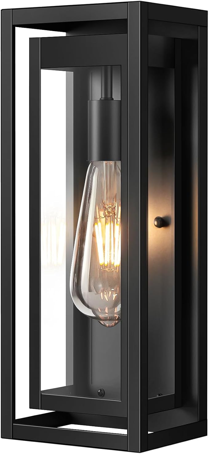 15" Large Outdoor Light Fixture Wall Mount, Matte Black Outdoor Sconce Lights, Modern Waterproof Exterior Porch Lights with Clear Glass Shade for Front Door, Garage, 1 Pack