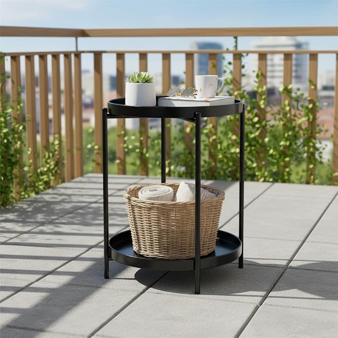 danpinera 2-Tier Round Side Table, Metal End Table with Removable Tray, Small Outdoor Table Accent Table, Anti-Rust Black Nightstand for Bedroom Balcony Patio (Black)