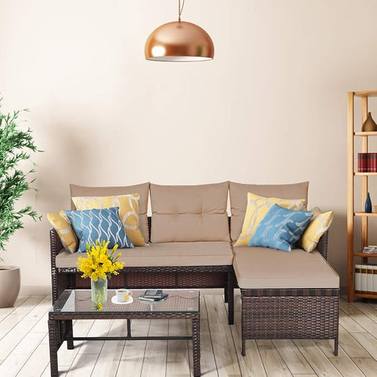 3 Pieces Rattan Sectional Sofa Set, Patio Wicker Rattan Conversation Set with Chaise Lounge, Love Seat & Coffee Table, Patio Furniture Set for Garden, Lawn, Poolside (Brown)