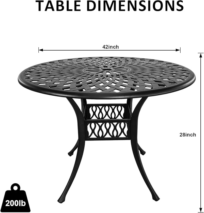 42“ Round Outdoor Table, All Weather Patio Table with Umbrella Hole, Cast Aluminum Bistro Table for Outside (Black)