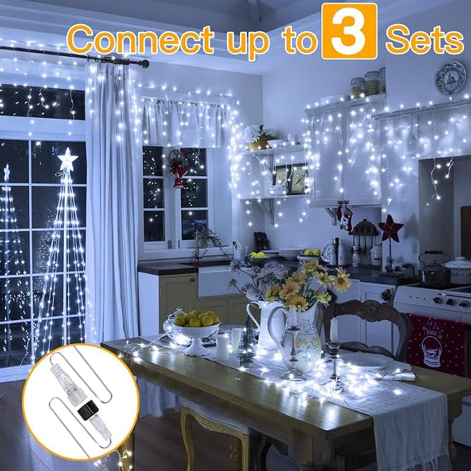 Ollny Icicle Lights for Outside 400LED 32FT, Cool White Christmas Light with Remote 8Modes Timers Waterproof, Plug in Connectable Hanging Lights for Outdoor Indoor House Roof Holiday