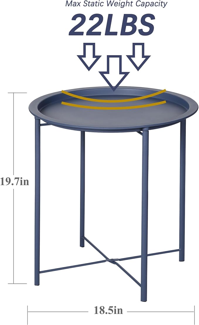 VECELO Side/End Table, Folding Round Metal Anti-Rust and Waterproof Outdoor or Indoor Tray for Living Room Bedroom Balcony and Office, 2 PCS, Blue