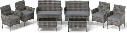 RELAX4LIFE 8-Piece Patio Furniture Set - Rattan Outdoor Conversation Bistro Set w/Cushions, Glass Coffee Table, Wicker Chairs & Loveseat for Garden Backyard Porch, Balcony Furniture Set (2, Mix Grey)