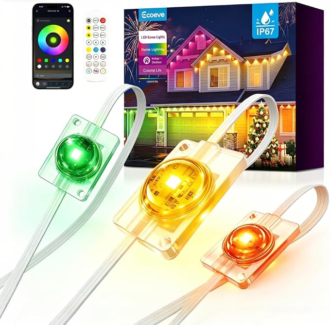 Smart 48ft Permanent Outdoor Lights, RGB+IC Eaves Christmas Lights | 16 million colors & 50 scene modes via App & remote control; IP67 waterproof design for house, holiday & party decoration.