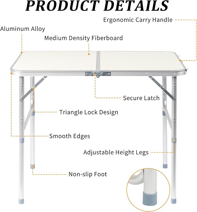 Road Ahead Aluminum Folding Camping Table,3ft Portable Folding Outdoor Table, Lightweight Table, with Carry Handle ，for Beach, BBQ,，Party，Camp Kitchen