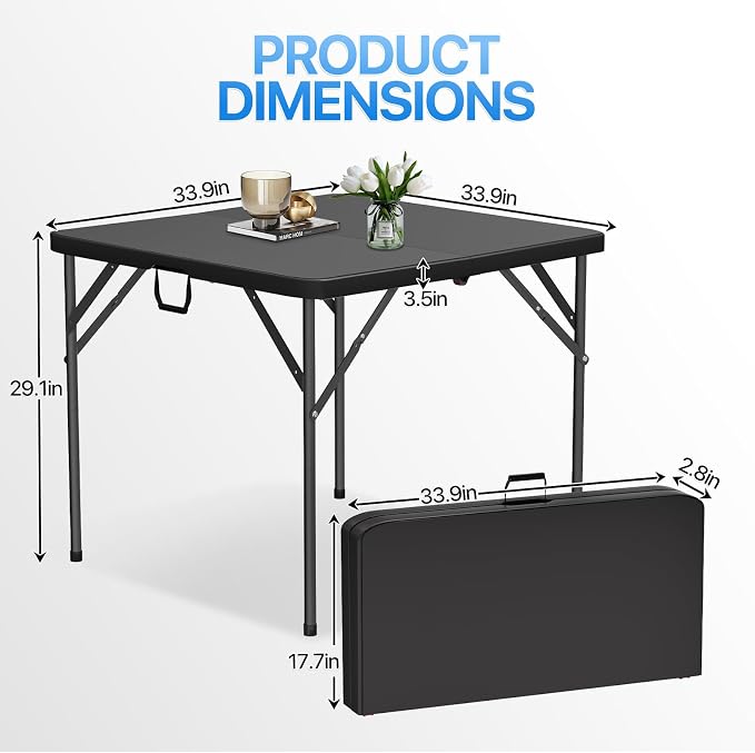 34" Folding Card Table, Heavy Duty HDPE Square Table, Fold-in-Half Portable Design with Carry Handle, Indoor Outdoor Utility Dining Table for Picnic, Camping, 330 lbs (Black, 34in)