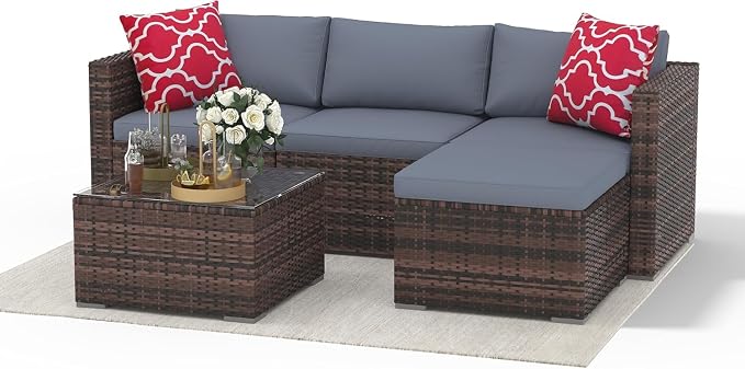 5 PCS Outdoor Sectional Sofa Set, Outdoor Patio Set Sectional Sofa, All-Weather PE Rattan Patio Furniture with Ottoman & Tempered Glass Table for Garden, Backyard, Porch, Poolside (Brown/Gray)