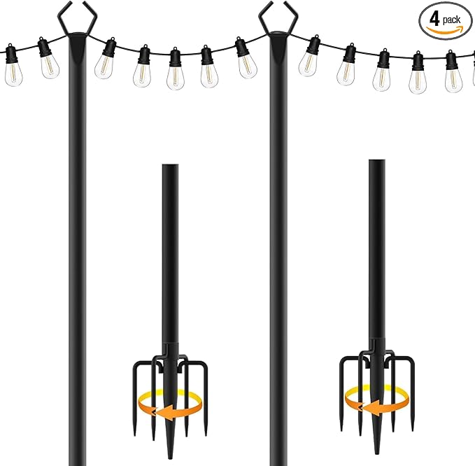 2 Pack 10 ft Heavy Duty Metal String Light Poles Adjustable Outdoor Lighting Stand for Patio,Backyard,Garden,Party & Wedding Rustproof & Sturdy with Hooks