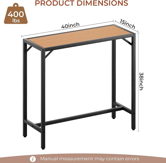 TLSUNNY Outdoor Bar Table, 40" Patio Counter Height Table, High Top Furniture w/HDPE Top, E-Coating & Hammer-Finish Frame, Adjustable Foot, All Weather for Hot Tub,Balcony,Poolside,Kitchen