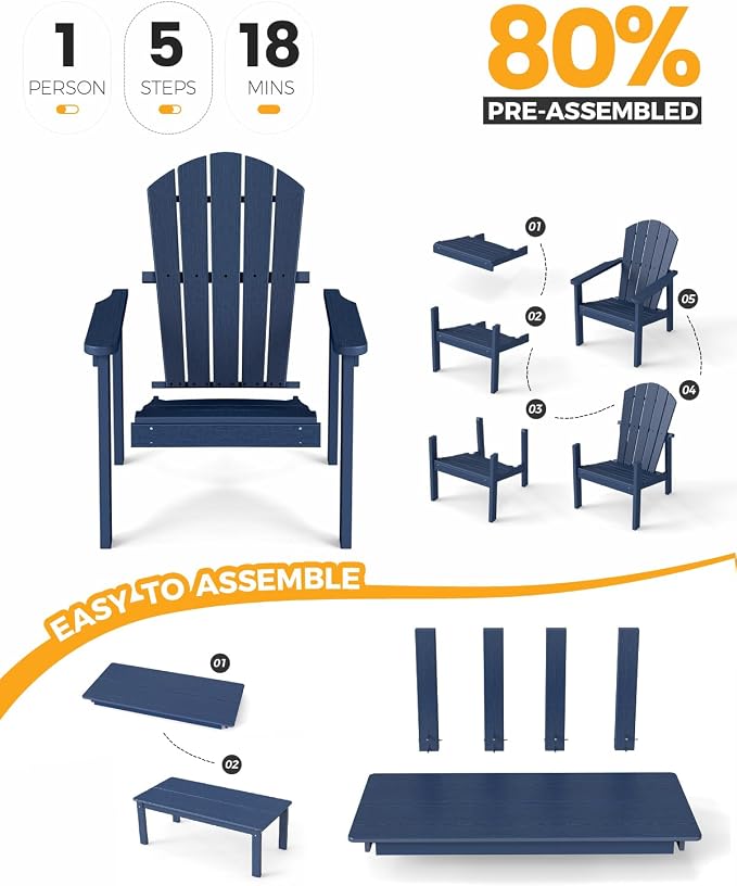 nevilywood 3-Piece HDPE Adirondack Chair Set, 2 Stackable Chairs Coffee Table, All-Weather Wood Grain, Patio Garden Backyard,Navy Blue