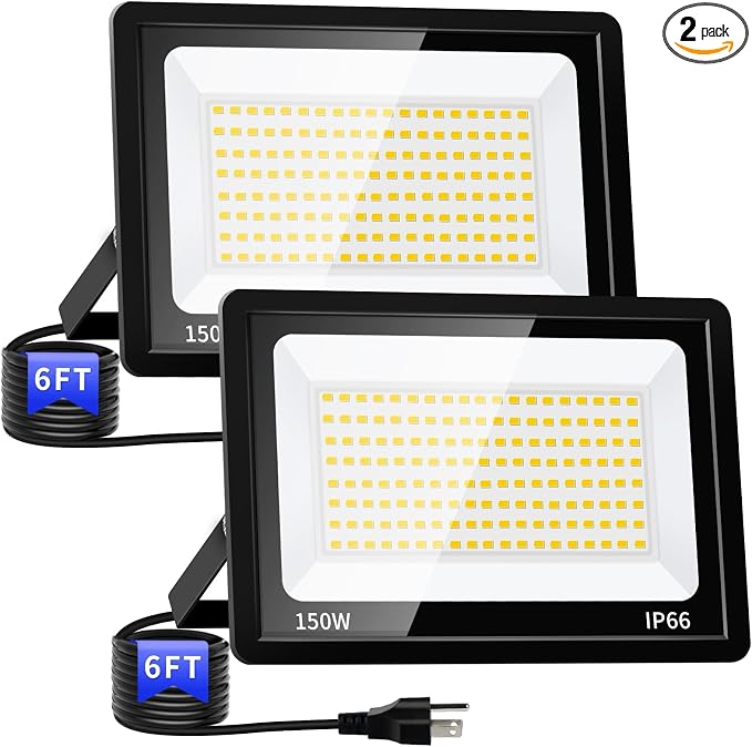 2 Pack 150W LED Flood Light, IP66 Waterproof | 24000LM, 5000K Daylight White, Plug in with 6ft Cord, Outdoor Exterior Lighting, for Yard, Garage, Patio, Backyard, Stadium