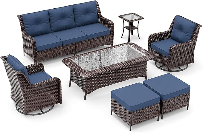 Kurapika 7-Piece Patio Furniture Set, Wicker Thick-Backed Outdoor Swivel Rocking Chair, Includes Coffee Table and Thick Cushions, Conversation Set for Porch,Patio, Navy Blue