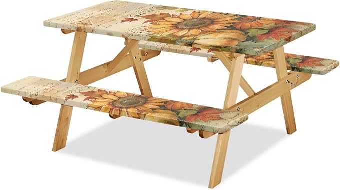 Sunflower 3 Pcs Picnic Table Cover with Bench Covers 3 Piece Set 30 x 94 Inch Picnic Foldable Picnic Table and Bench Fitted Tablecloth Cover for Outdoor BBQ Holiday Party Camping