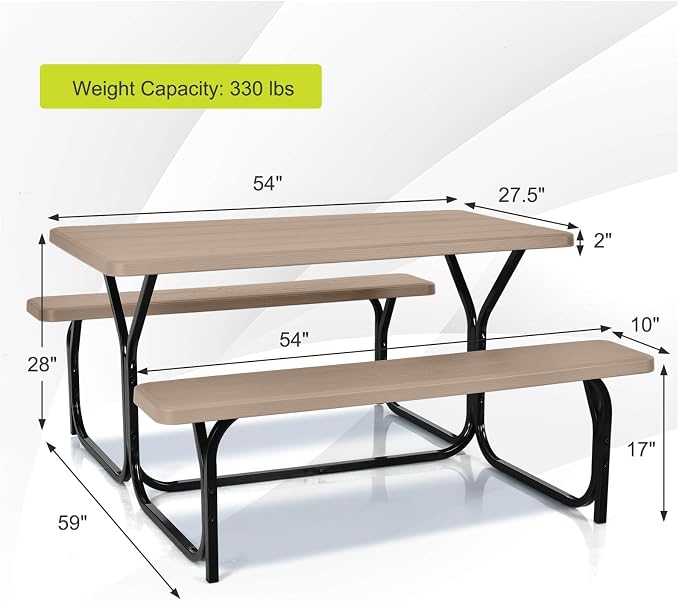 HAPPYGRILL Outdoor Picnic Table Bench Set with Metal Frame, Camping Table Set for Patio Backyard Poolside Garden Dining Party