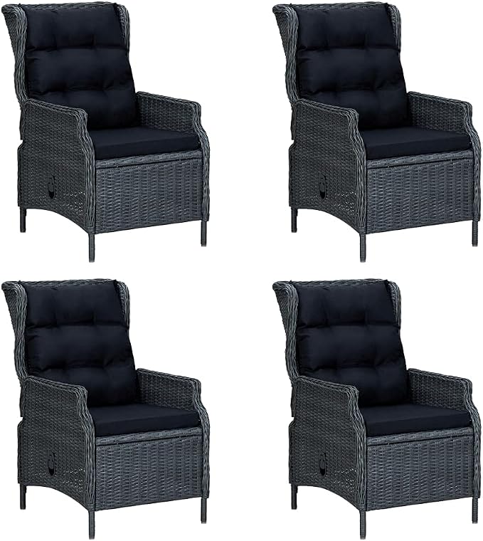 7-Piece Outdoor Dining Set Dark Grey Acacia Wood & PE Rattan Patio Furniture Set Rectangular Table Reclining Chairs for Garden Backyard Balcony