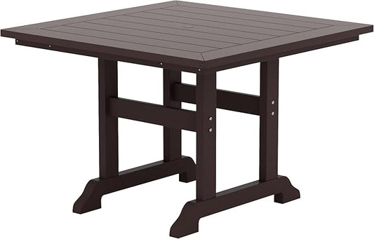 WestinTrends Malibu Outdoor Dining Table, All Weather Poly Lumber Adirondack 43" Trestle Square Patio Table with Umbrella Hole, Dark Brown