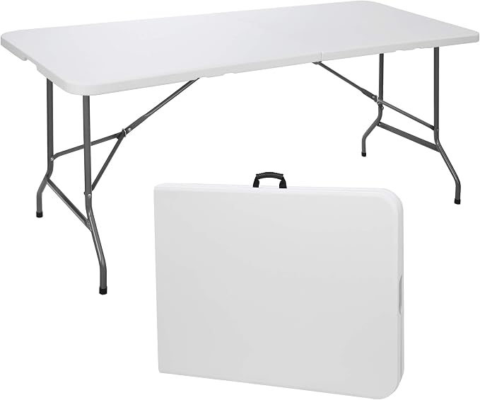 JupiterForce 6ft Plastic Folding Table Indoor Outdoor Portable Heavy Duty Foldable Camping Table, Fold-in-Half Utility Table Dining Picnic Table for Party Wedding Event, White