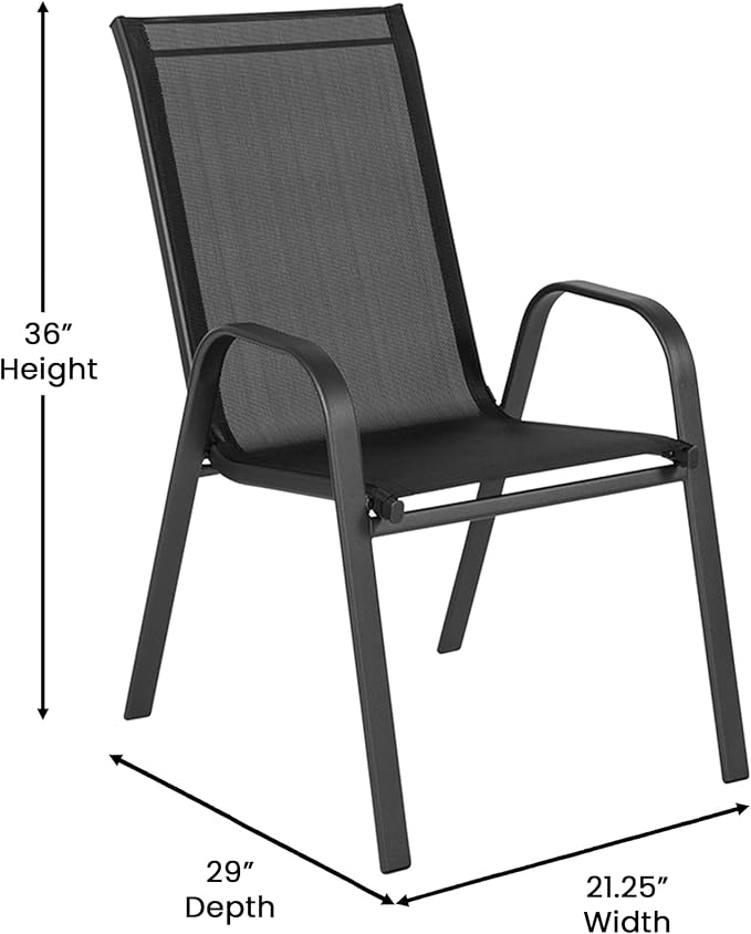 EMMA + OLIVER Bartlett 7-Piece Outdoor Dining Set, Patio Table with Tempered Glass Top and Umbrella Hole, 6 Flex Comfort Textilene Stack Chairs, 60", Black/Black