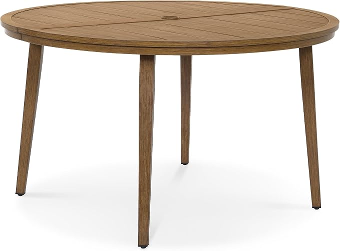 51" All-Aluminum Round Outdoor Dining Table, Modern Faux Wood Grain Patio Table for 6 with Umbrella Hole, Rust-Resistant Metal Dining Table for Garden, Backyard, Poolside & Lawn, Teak